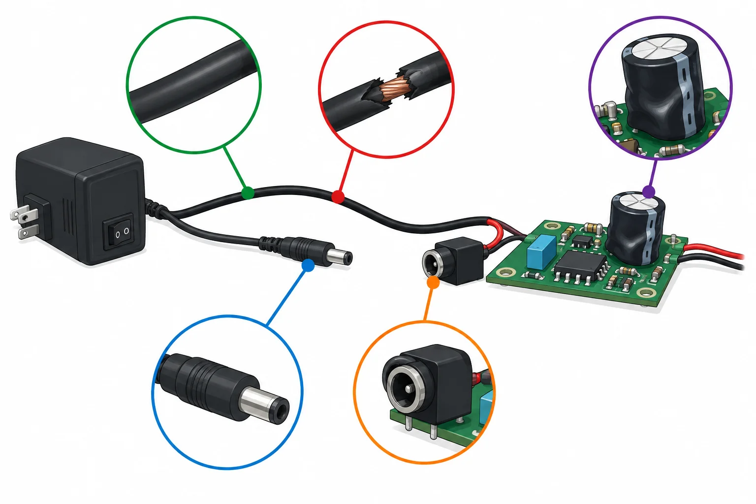 Cabo íntegro e cabo danificado, conector firme e conector frouxo ou deformado em uma montagem desconectada.