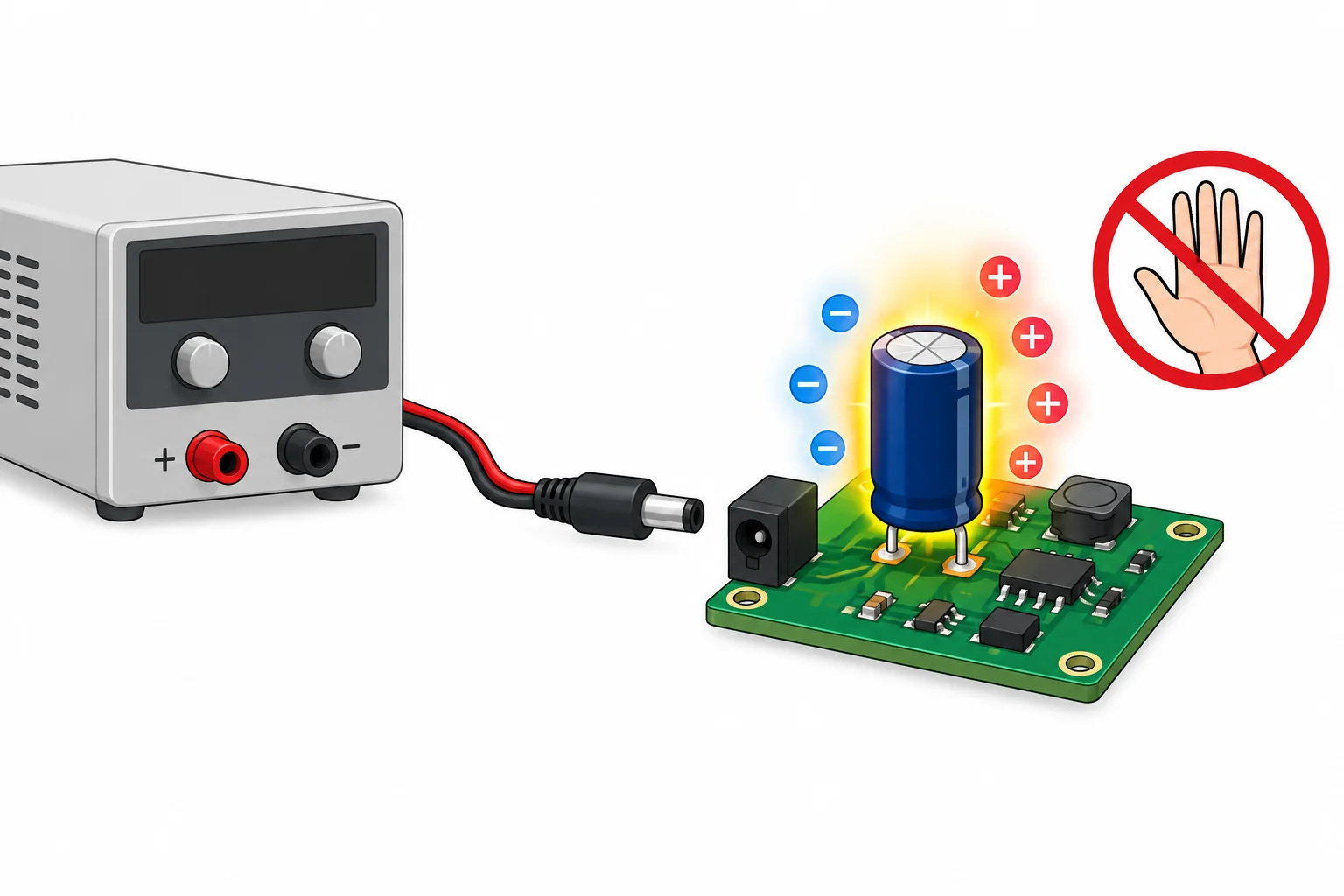 Diagrama de uma fonte desconectada de uma placa, com um capacitor ainda indicado como armazenando energia e uma mão afastada dos contatos.