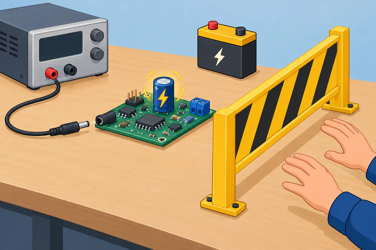 Diagrama de uma placa desconectada de uma fonte, com outra possível alimentação e um capacitor indicando energia que pode permanecer.