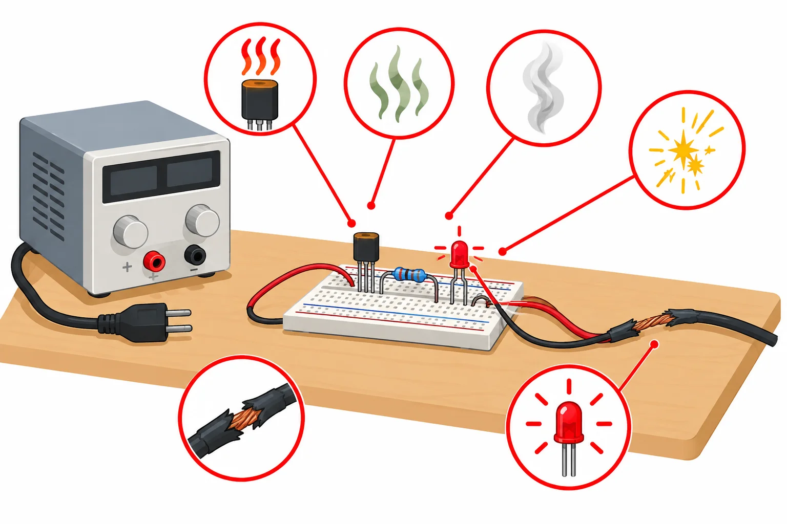 Esquema visual de sinais de alerta em uma bancada de eletrônica: calor, odor, fumaça, faíscas, dano visível e comportamento inesperado.
