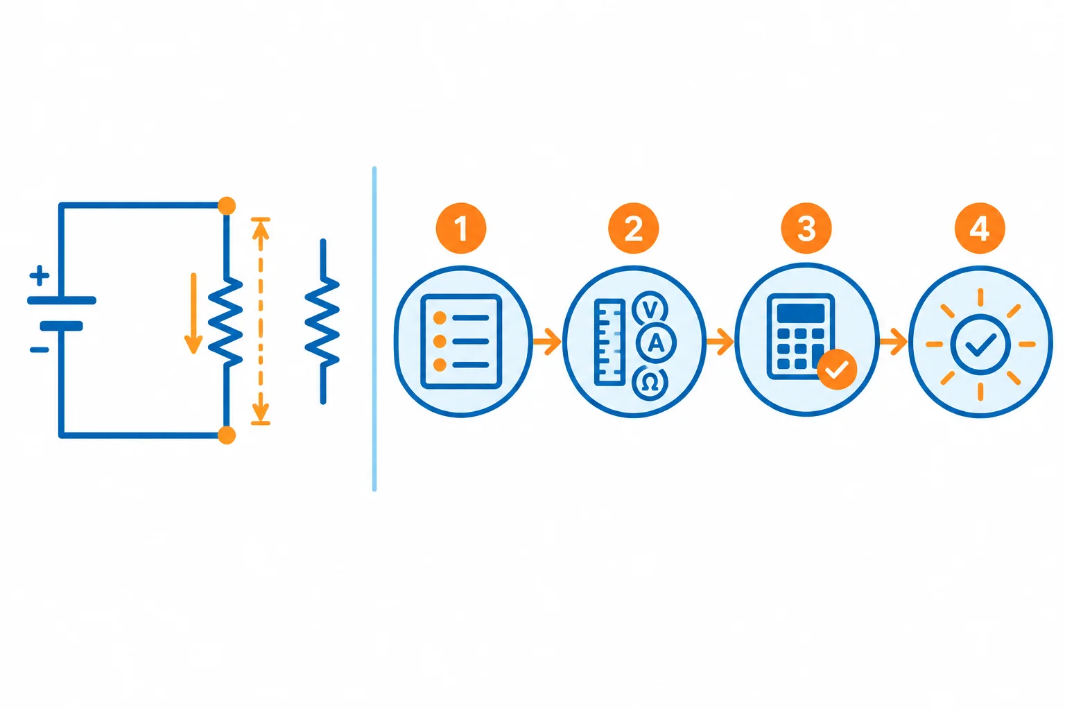 Diagrama de um circuito com uma fonte e um resistor, destacando tensão nos terminais, corrente no resistor e um fluxo de quatro etapas para resolver o problema.