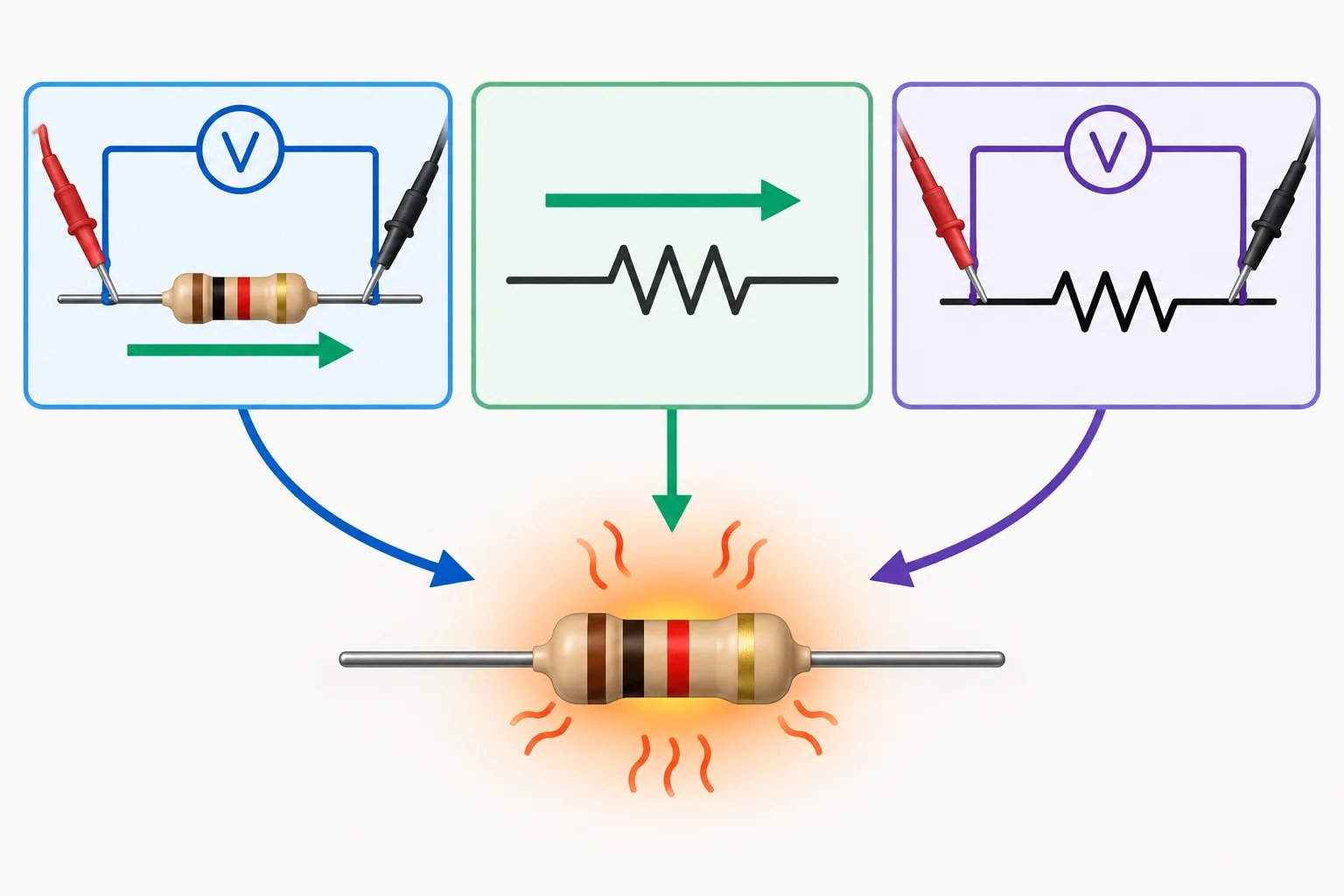 Diagrama com um resistor ao centro e três combinações visuais de dados: tensão e corrente, corrente e resistência, tensão e resistência.