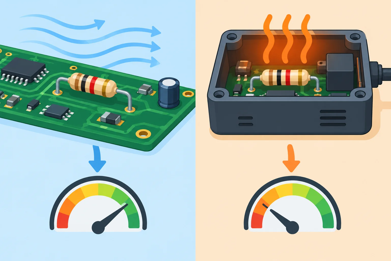 Comparação visual do mesmo resistor em montagem aberta e em um compartimento mais quente, com menor capacidade permitida no segundo caso.