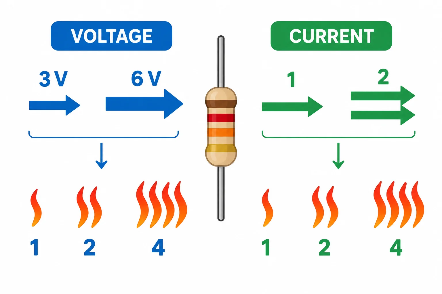 Diagrama comparando a duplicação da tensão ou da corrente em um resistor de resistência constante com uma dissipação quatro vezes maior.