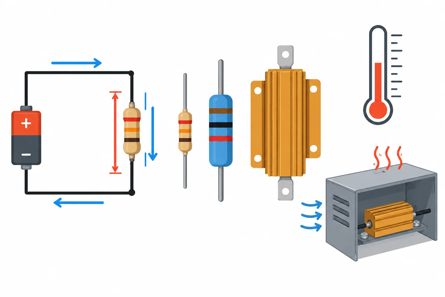 Esquema de uma fonte de 6 V ligada a um resistor de 100 ohms, com corrente de 0,060 A, três opções de potência nominal e uma condição de 50 °C com ventilação limitada.