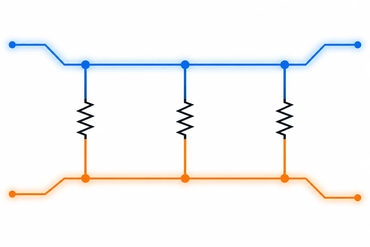 Esquema com três resistores em ramos diferentes, todos ligados entre um mesmo conjunto de fios azuis e um mesmo conjunto de fios laranja.