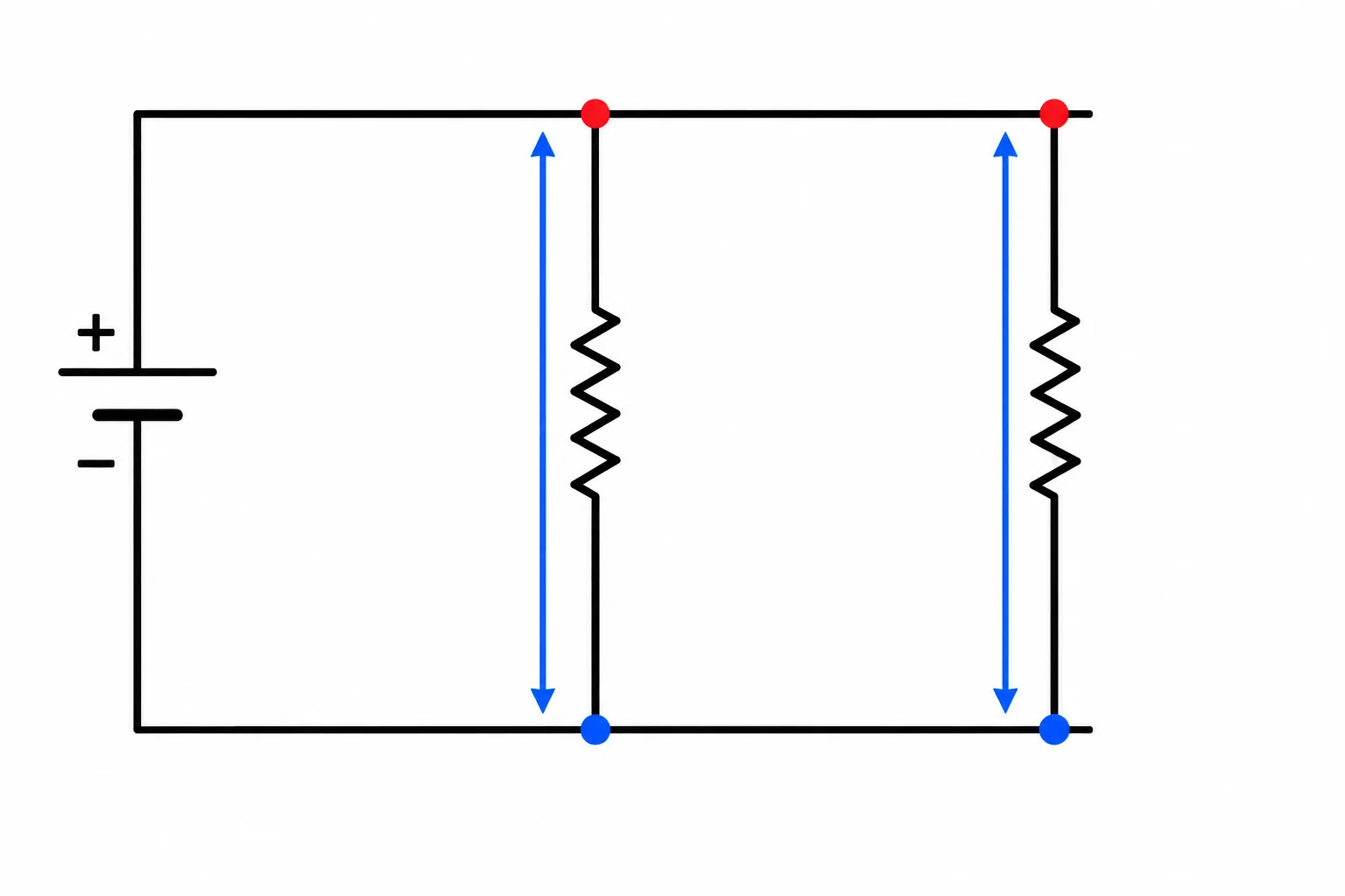 Diagrama de dois resistores em paralelo ligados aos mesmos nós superior e inferior, com setas de tensão de mesma orientação nos dois ramos.