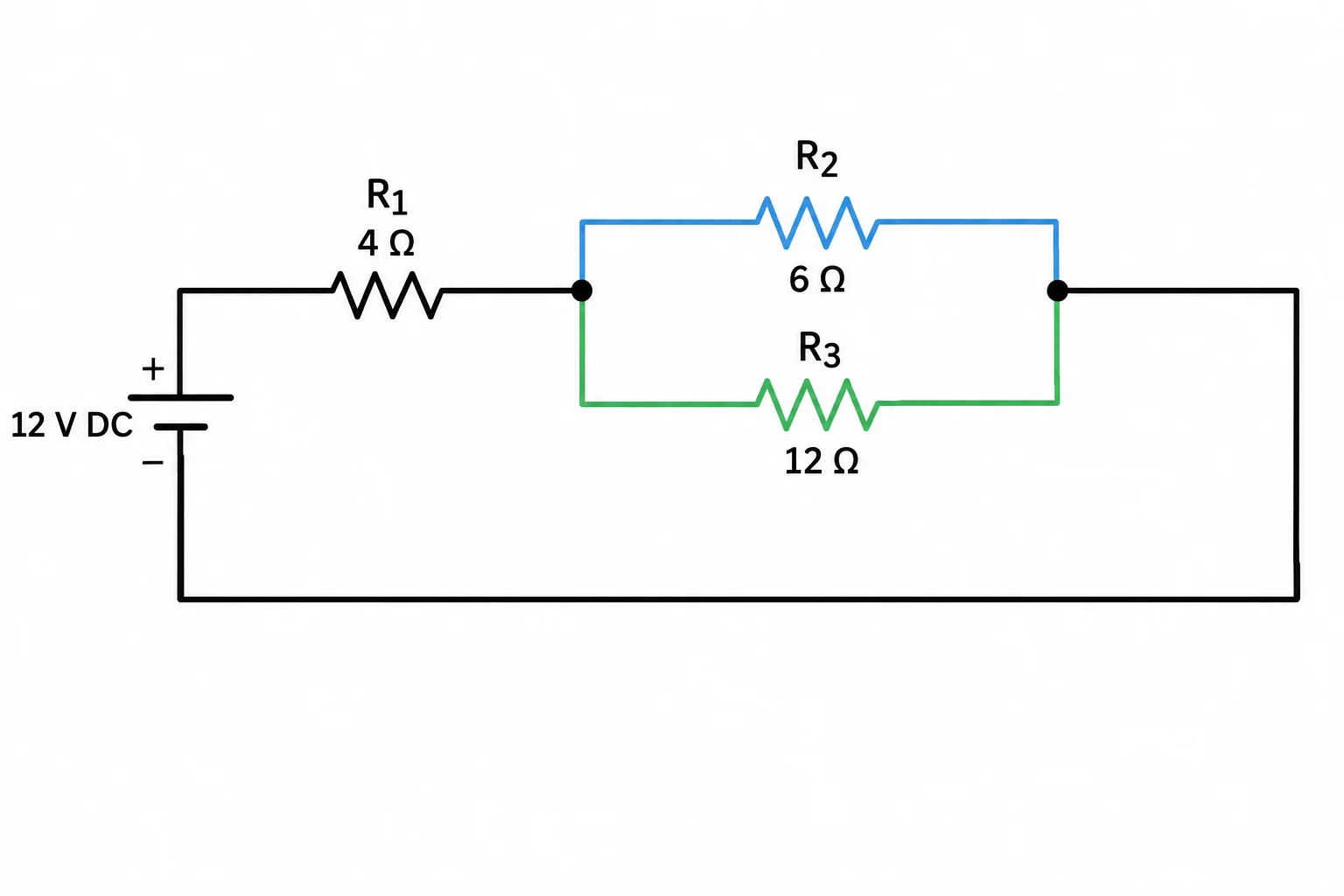 Esquema de uma fonte ligada a um resistor em série com dois resistores em paralelo.
