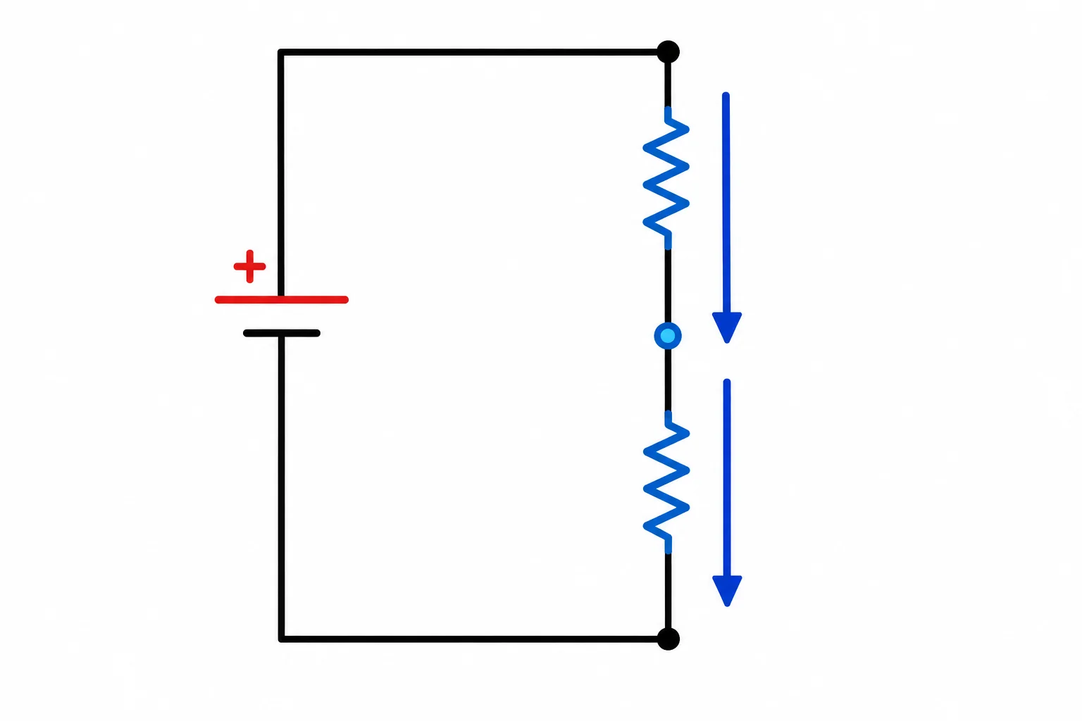 Diagrama de um divisor sem carga com uma única seta de corrente atravessando os dois resistores em série.