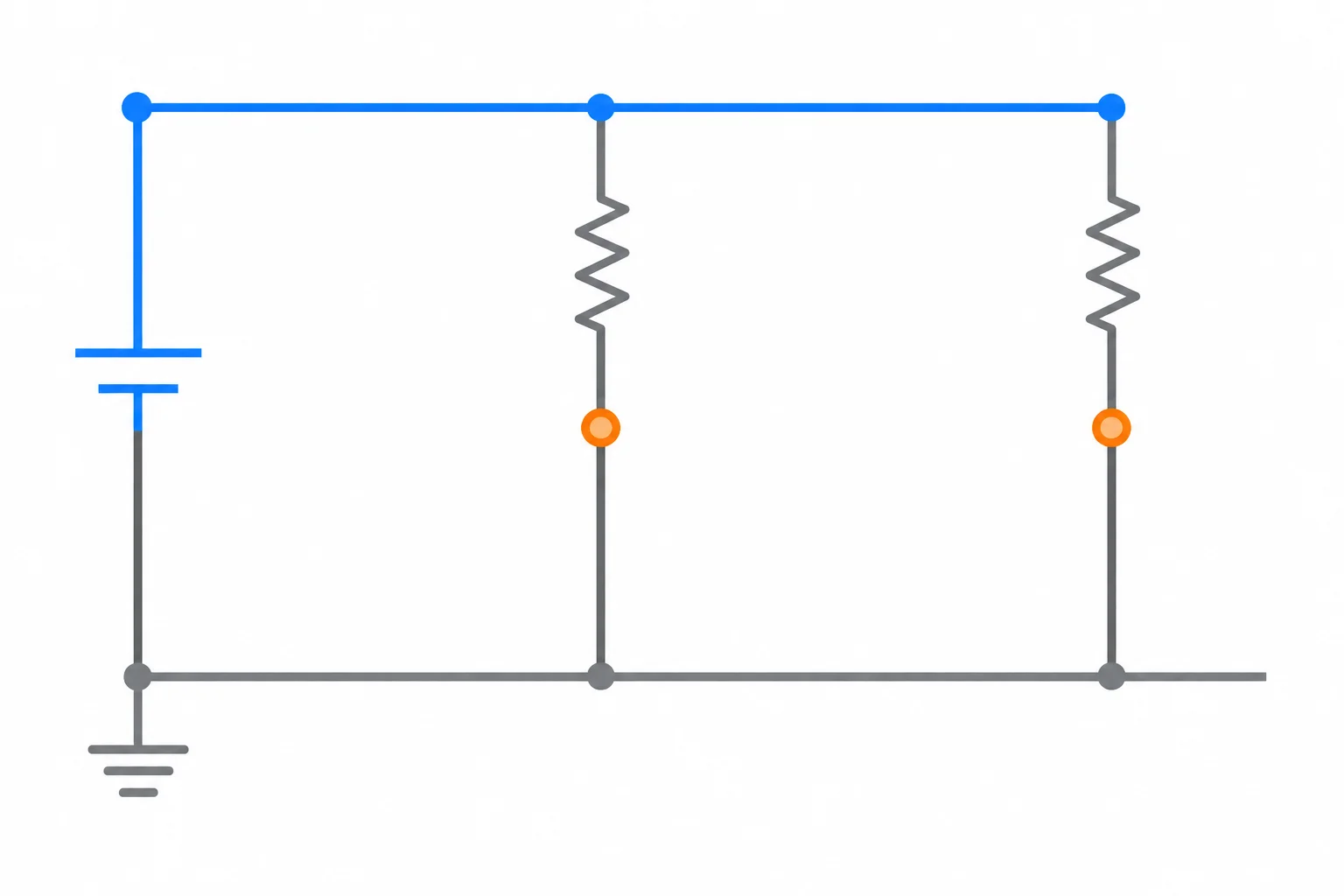 Esquema de uma rede resistiva com nó inferior de referência, nó superior ligado a uma fonte e dois nós intermediários desconhecidos.