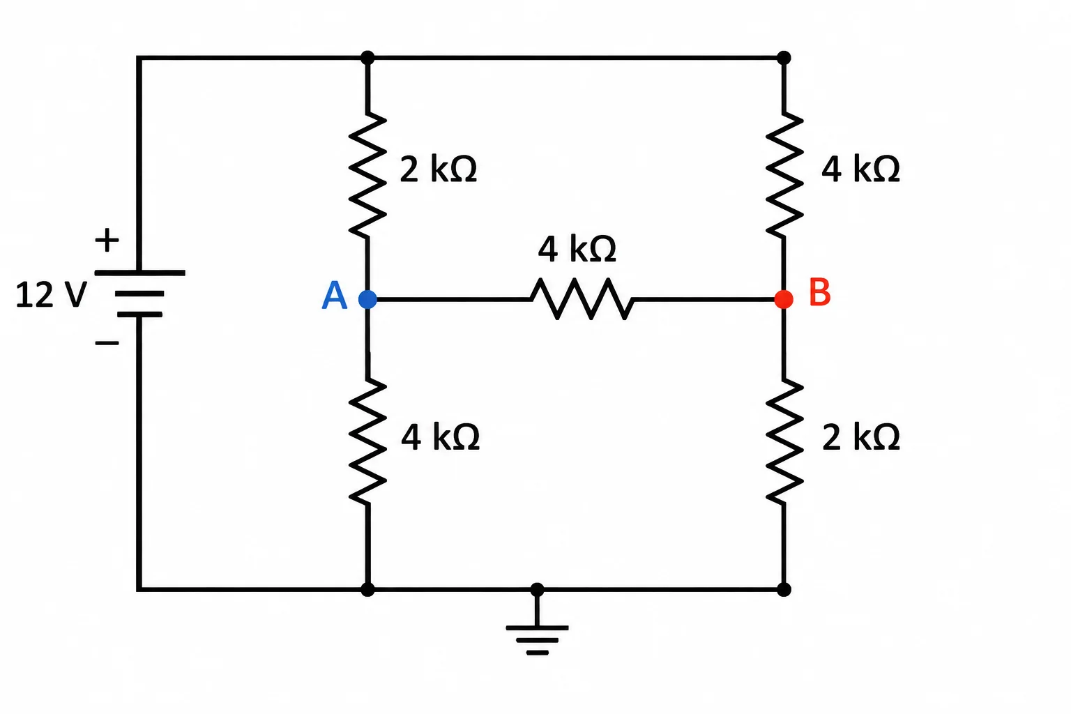 Ponte resistiva alimentada por 12 V, com os nós intermediários A e B ligados por um resistor.