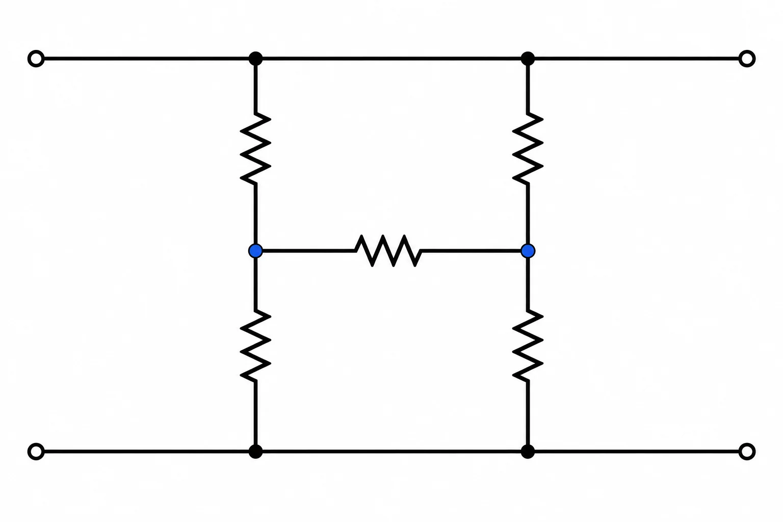 Diagrama de uma ponte resistiva: dois ramos verticais entre o trilho superior e a referência, com os nós intermediários A e B ligados por um resistor horizontal.