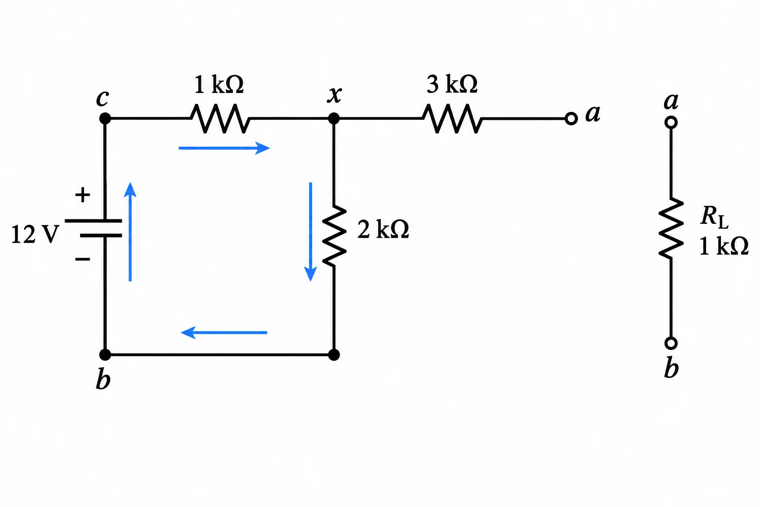 Esquema com fonte ideal de 12 V, R1 entre o nó da fonte e x, R2 entre x e b, R3 entre x e a e uma carga desconectada dos terminais a e b.