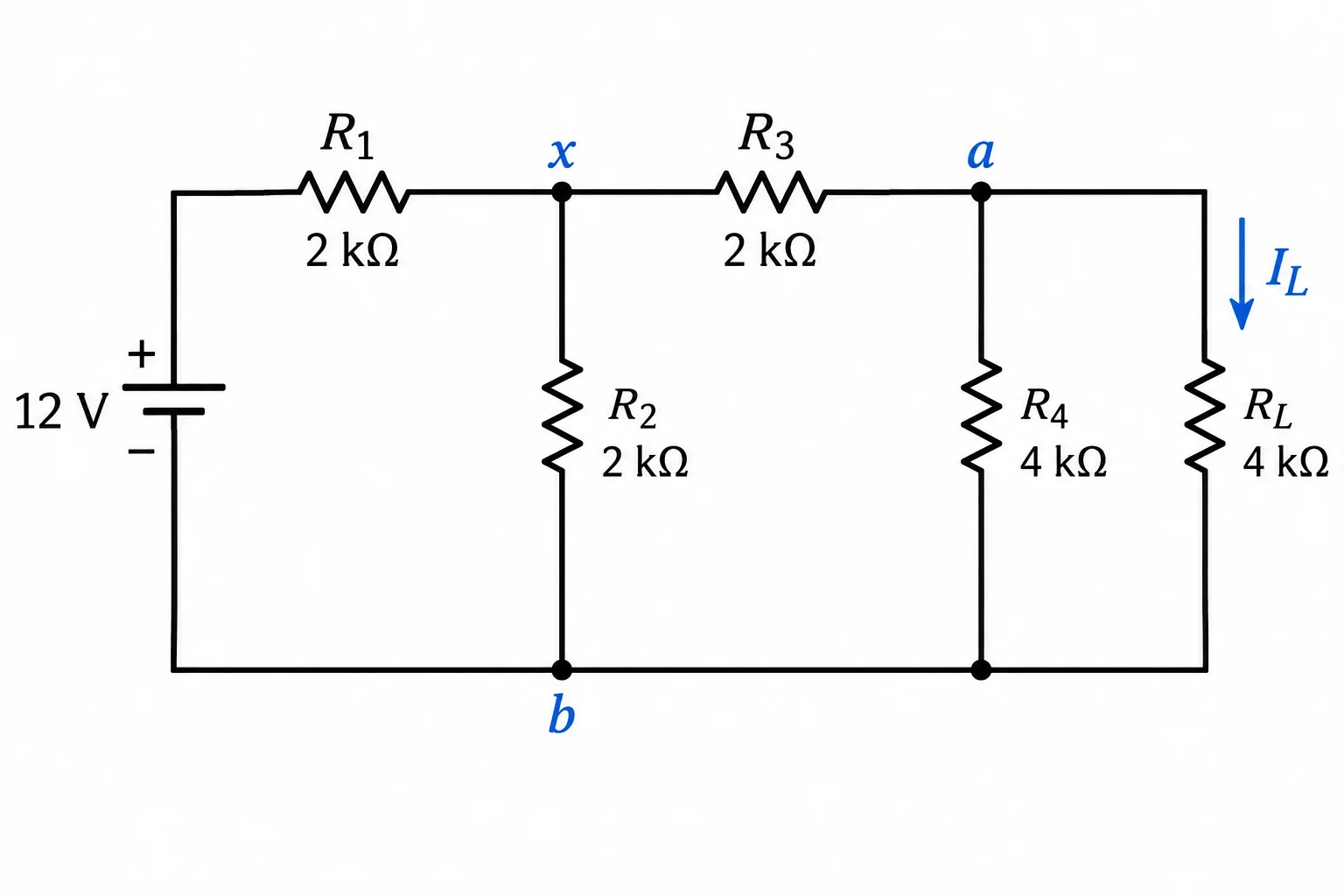 Esquema da rede original: fonte de 12 V, nós x e a, resistores R1, R2, R3 e R4, e carga de 4 kΩ entre a e b.