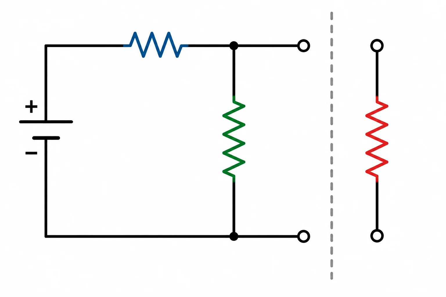 Esquema de uma fonte e dois resistores formando a rede fixa vista pelos terminais a e b, com uma carga destacada fora da rede.