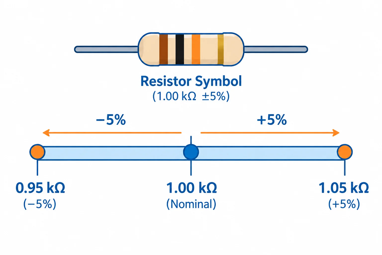 Faixa de valores admissíveis para um resistor nominal de 1,0 kΩ com tolerância de ±5%.
