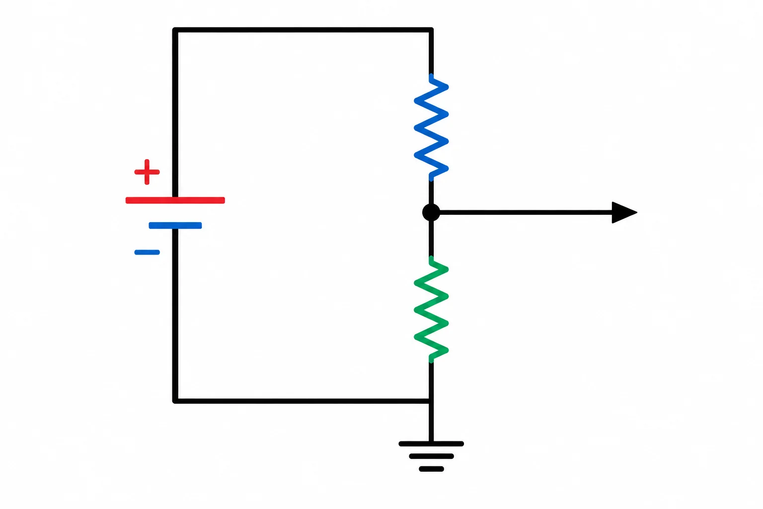 Esquema de um divisor: resistor superior entre a alimentação e a saída, e resistor inferior entre a saída e a referência.