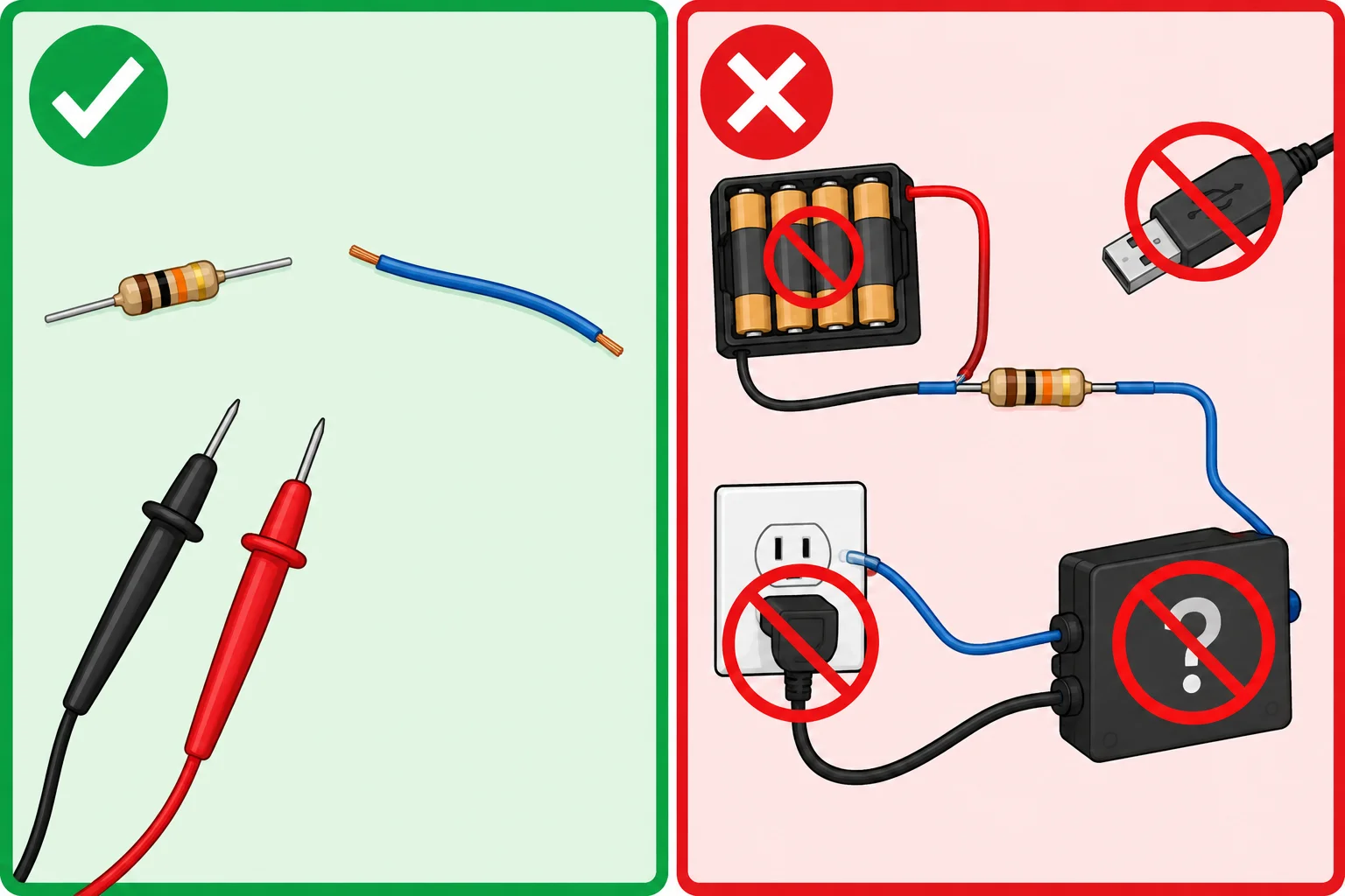 Comparação entre um resistor e fio isolados, adequados ao teste, e um circuito ainda conectado a bateria, USB ou equipamento desconhecido, inadequado.