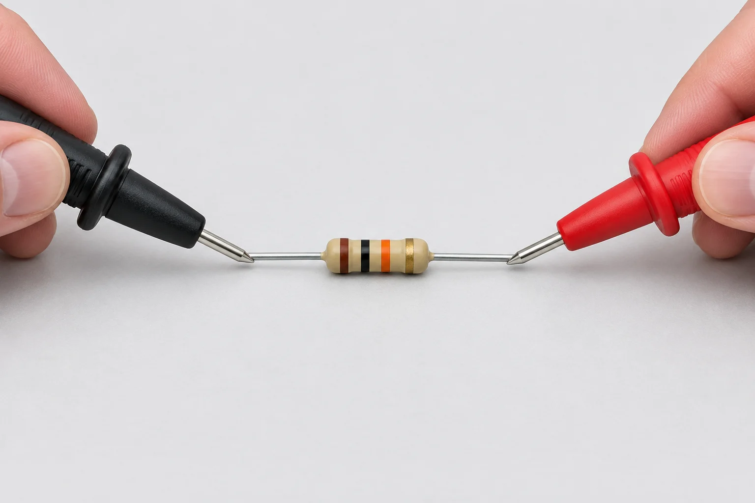 Diagrama de um resistor avulso sobre uma superfície isolante, com uma ponta de prova em cada terminal metálico e dedos posicionados atrás das proteções.