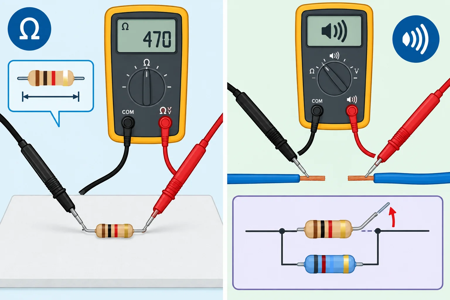 Esquema comparando a medição de um resistor avulso em ohms, o teste de continuidade de um fio desconectado e um resistor que precisa ter um terminal isolado por haver caminho paralelo.