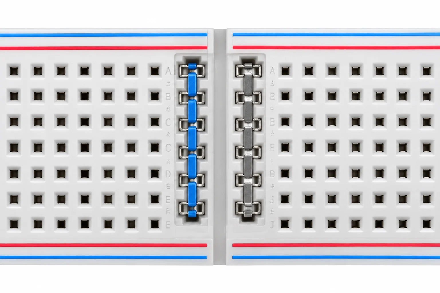 Diagrama de uma protoboard típica mostrando cinco furos alinhados em uma coluna de um lado, unidos por uma tira metálica, e a coluna vizinha separada.