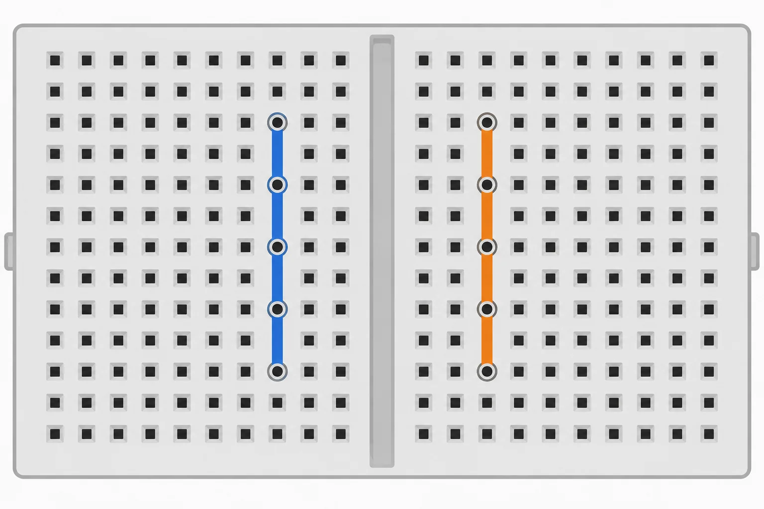 Diagrama de dois grupos de cinco contatos, um de cada lado do canal central, com tiras metálicas internas separadas.
