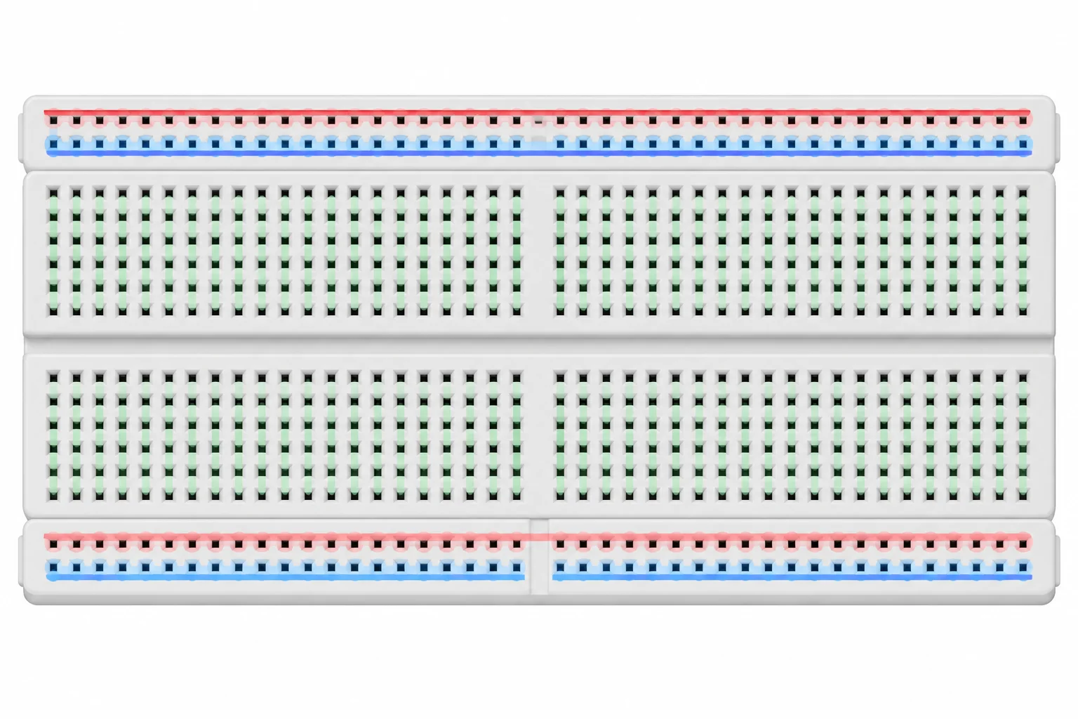 Vista superior de uma protoboard com um barramento lateral contínuo e outro dividido em dois segmentos isolados.