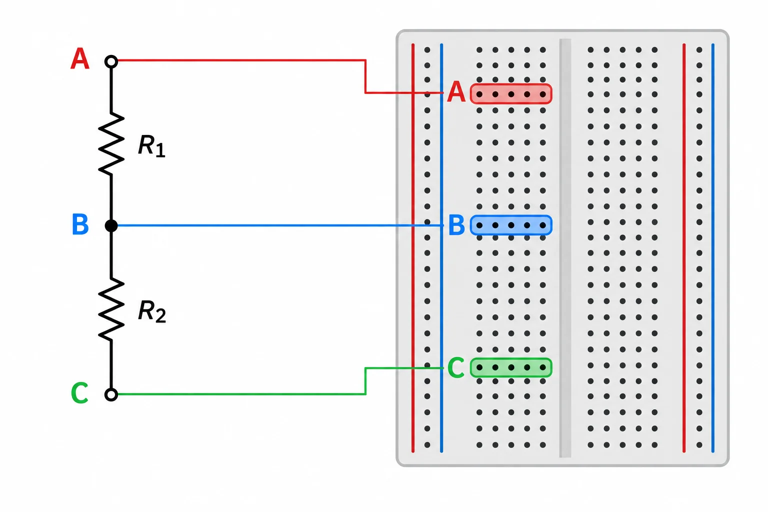 Diagrama relacionando os nós A, B e C de um divisor resistivo a três grupos separados de contatos em uma protoboard.