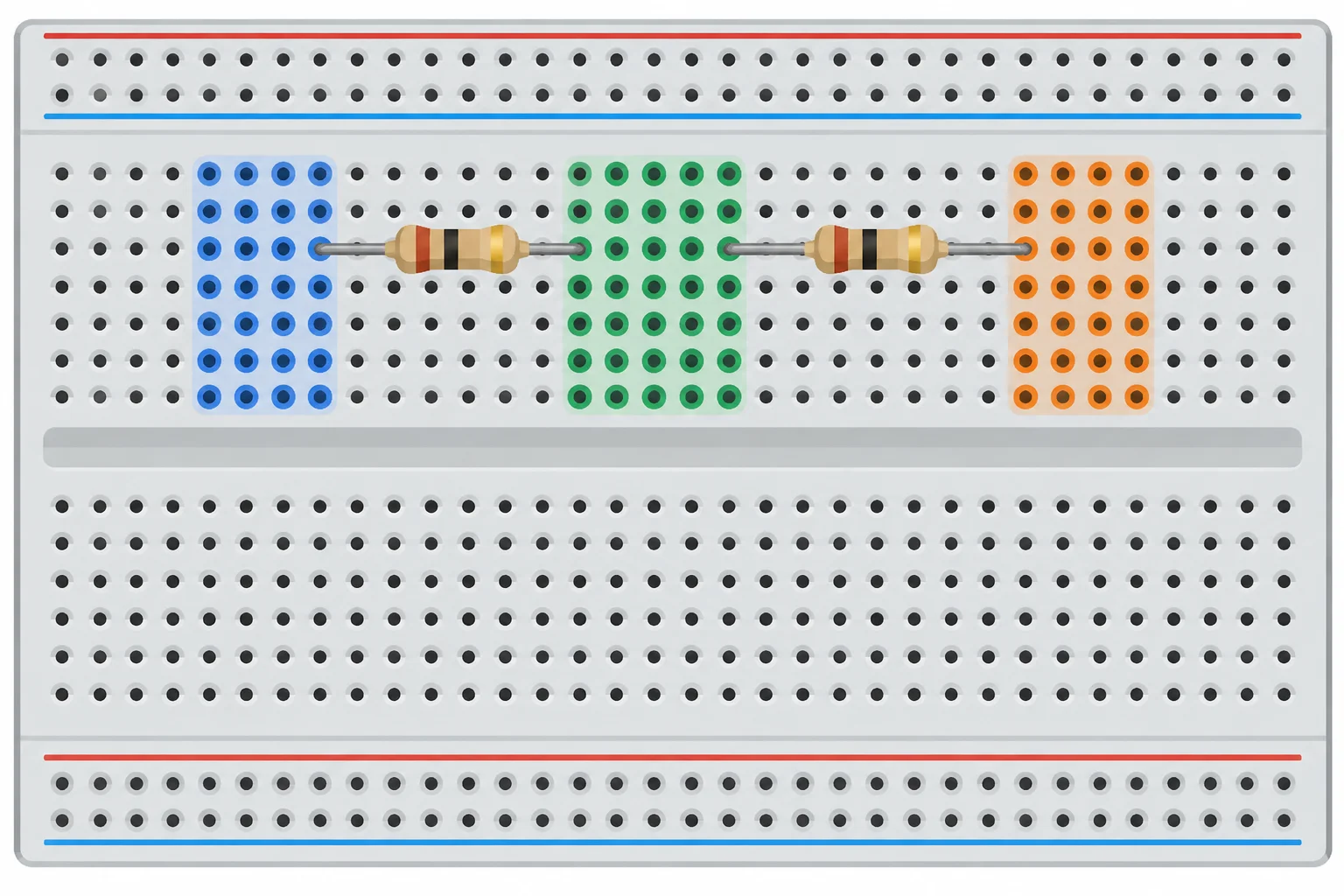 Diagrama de uma protoboard com R1 entre os grupos azul e verde, e R2 entre os grupos verde e laranja.