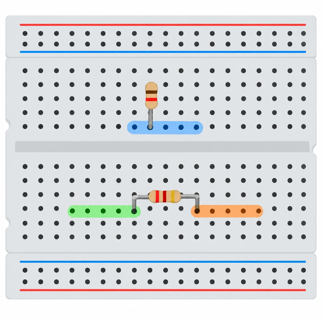 Os dois terminais de R1 estão no mesmo grupo azul.
