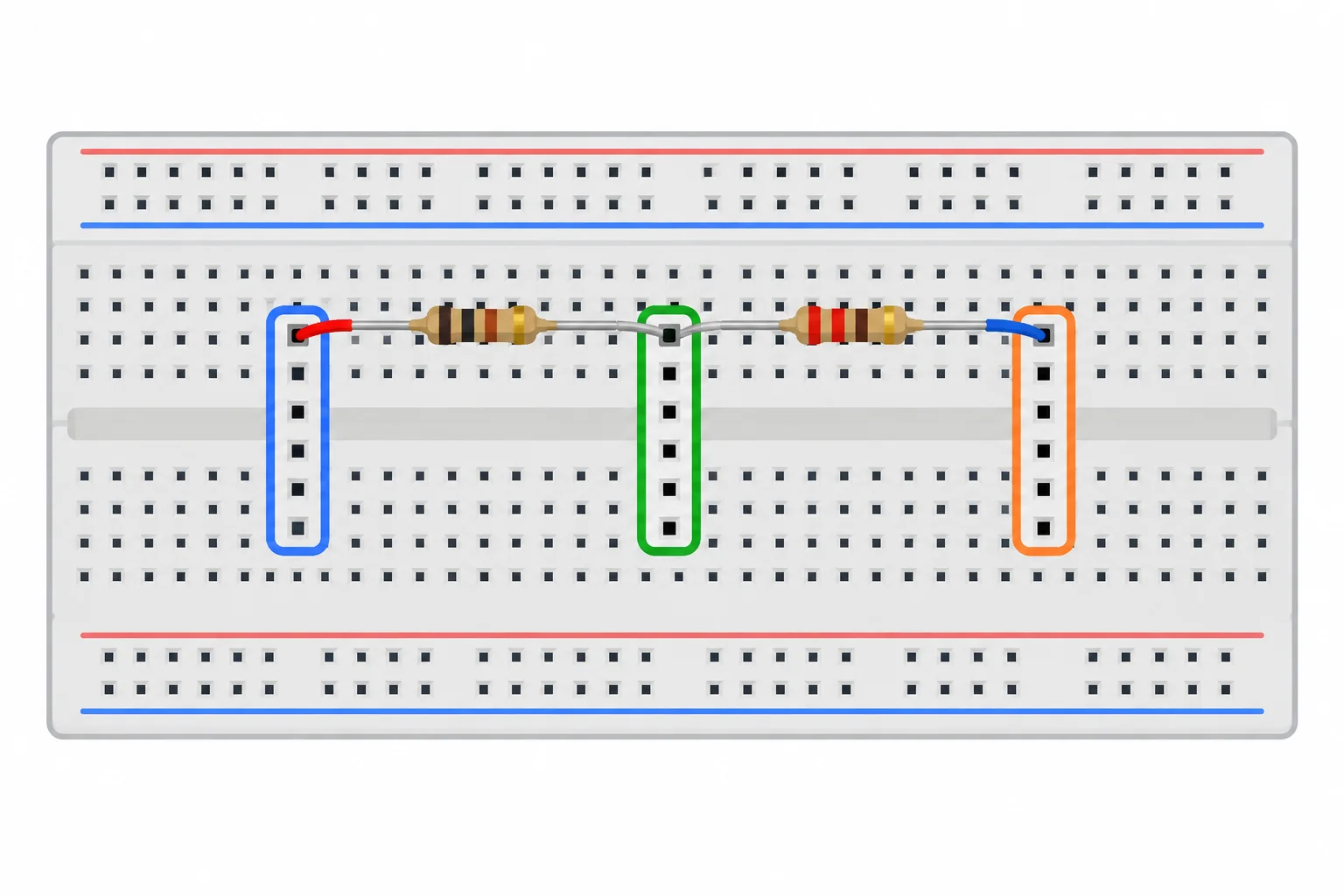 Vista superior de uma protoboard com dois resistores formando três grupos separados e um contato livre em cada grupo.