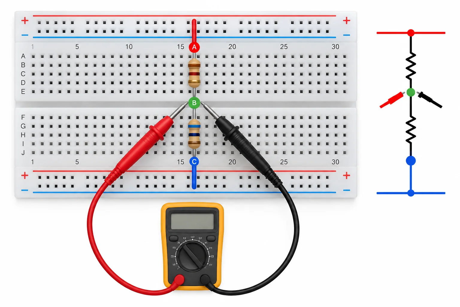 Ilustração vista de cima de uma protoboard com dois resistores em série e três nós visualmente destacados: A, a junção B e C.