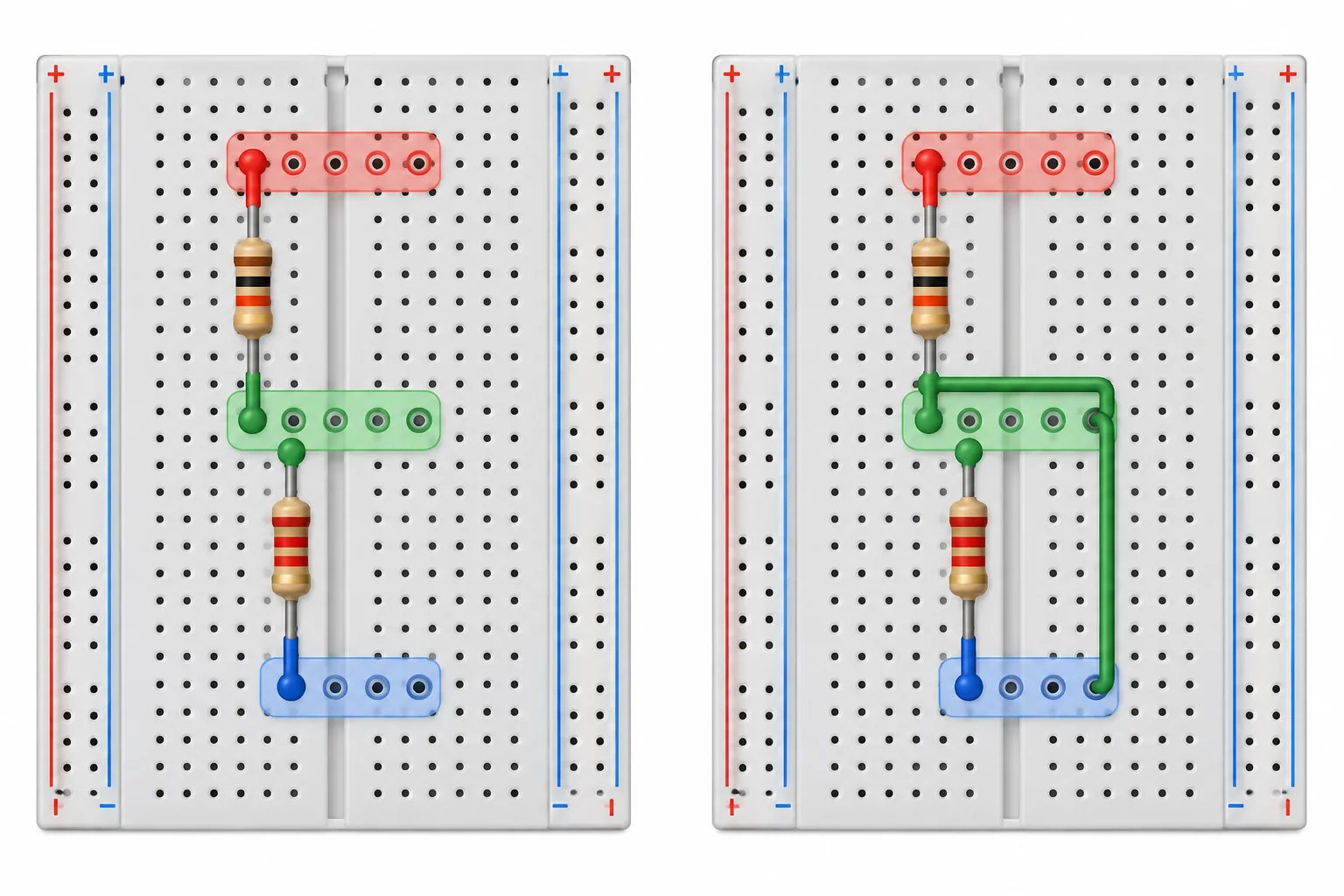 Duas disposições diferentes na protoboard conectam R1 entre o primeiro e o segundo nó, e R2 entre o segundo e o terceiro nó.
