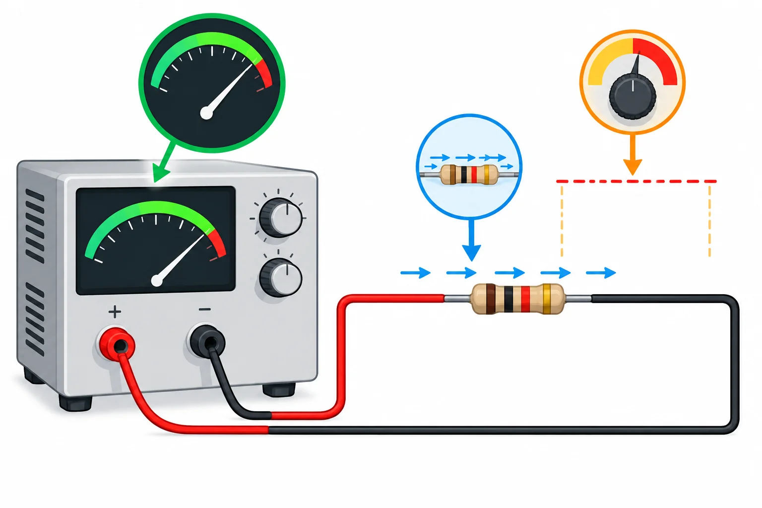 Diagrama de uma fonte ligada a um resistor, mostrando visualmente a diferença entre capacidade disponível, corrente que flui na carga e teto de limitação.