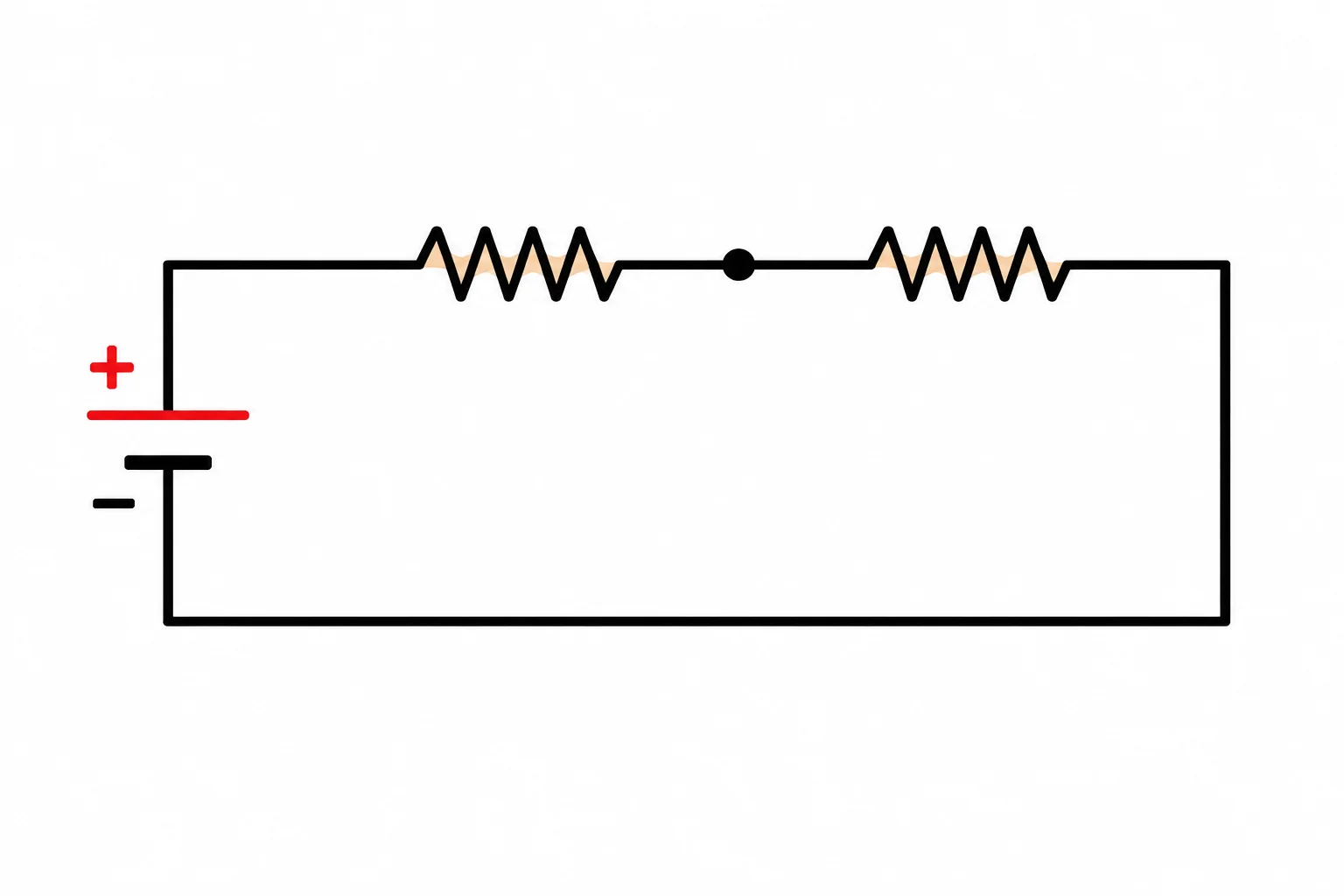 Esquema de uma fonte de 5 V ligada aos extremos de dois resistores em série, com um nó central entre os resistores.
