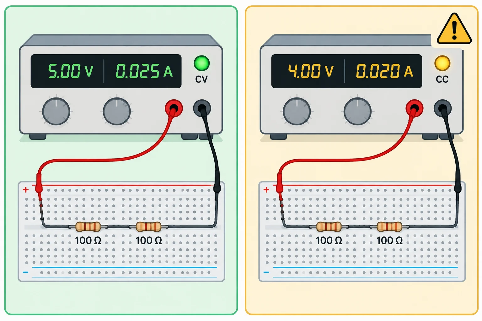 Comparação entre uma fonte em CV entregando 5 V e aproximadamente 25 mA a dois resistores em série, e uma fonte em CC limitada a 20 mA entregando aproximadamente 4 V à mesma carga de 200 ohms.