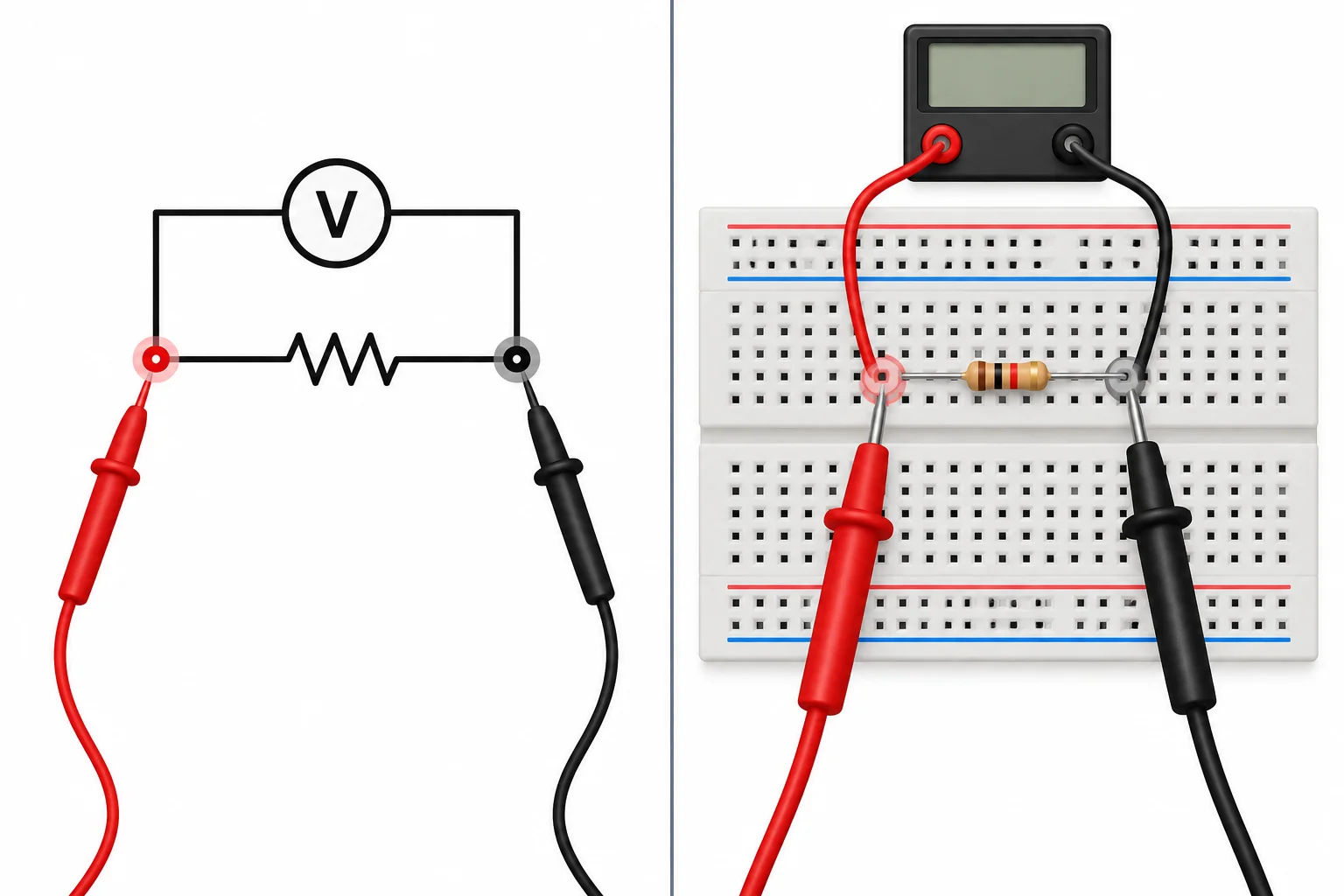 Comparação entre um voltímetro ligado em paralelo a um resistor no esquema e as duas pontas tocando os nós correspondentes na protoboard.