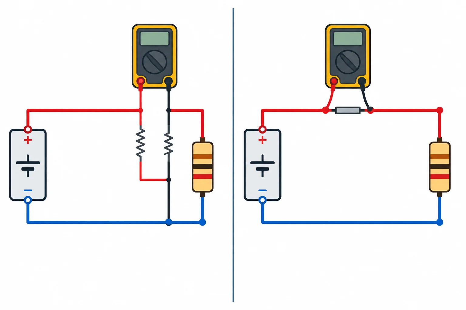 Comparação entre um voltímetro em paralelo com caminho interno de alta resistência e um medidor de corrente com caminho interno de baixa resistência.