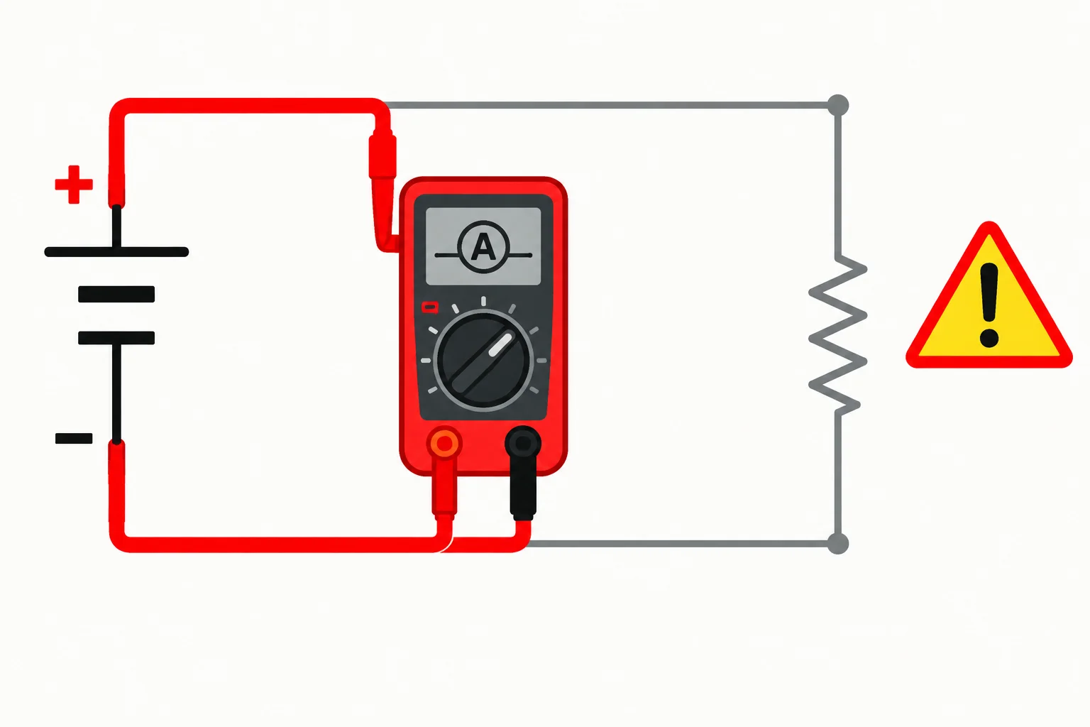Esquema de uma fonte com resistor em paralelo e um medidor de corrente ligado diretamente entre os terminais da fonte, formando um desvio de baixa resistência.