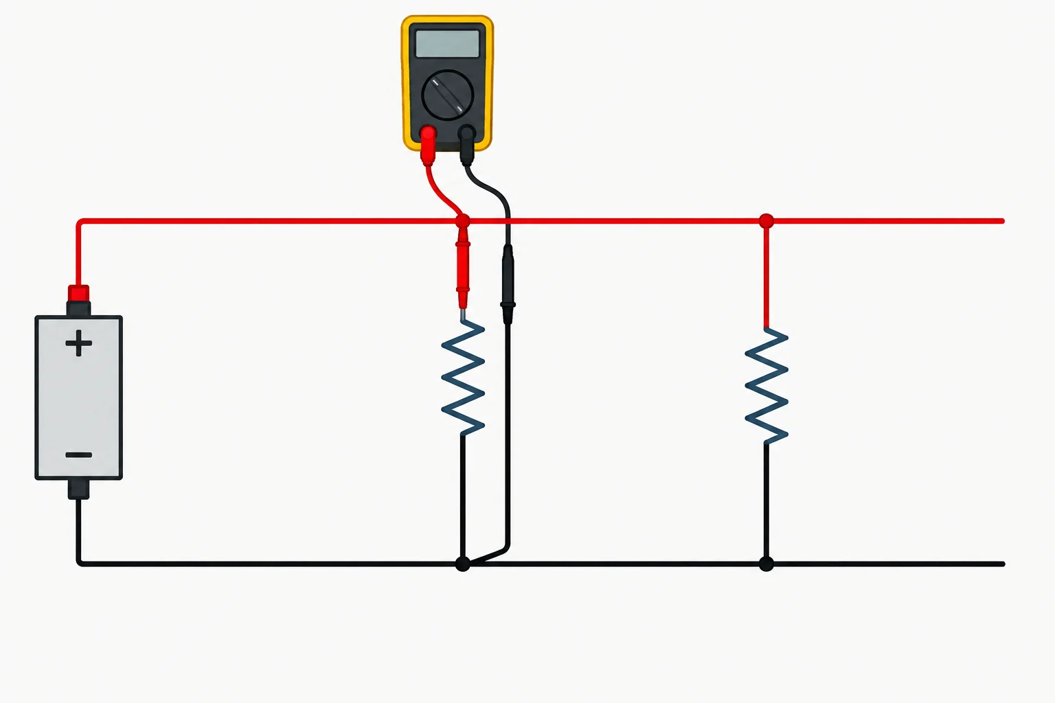 Esquema de dois ramos resistivos em paralelo, com um voltímetro ligado aos dois terminais do resistor de 1 kΩ sem interromper seu ramo.