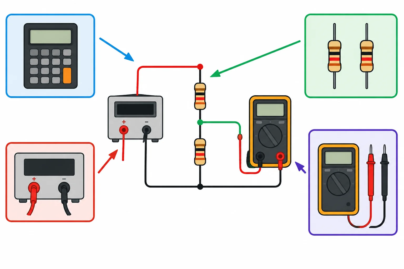 Diagrama de um divisor resistivo ligado a uma fonte isolada, com áreas visuais separadas para cálculo nominal, medição da alimentação e medição de Vout em relação ao nó inferior.