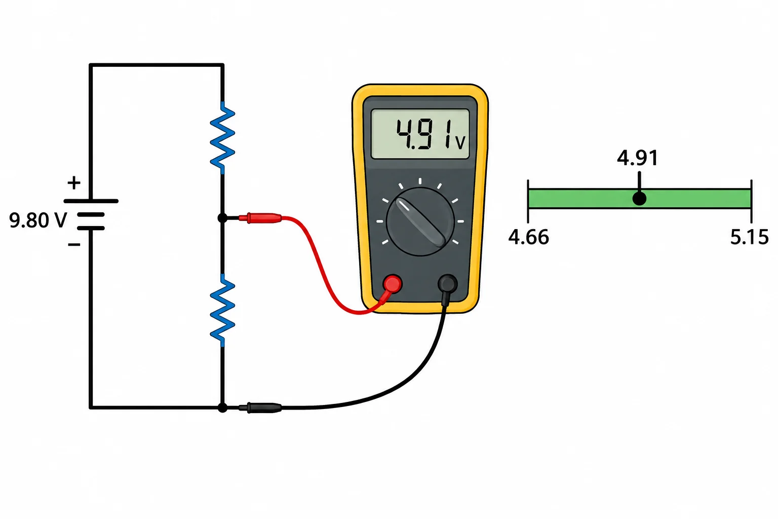 Diagrama de divisor resistivo alimentado com 9,80 V, com a saída medida em 4,91 V dentro de uma faixa prevista de 4,66 V a 5,15 V.