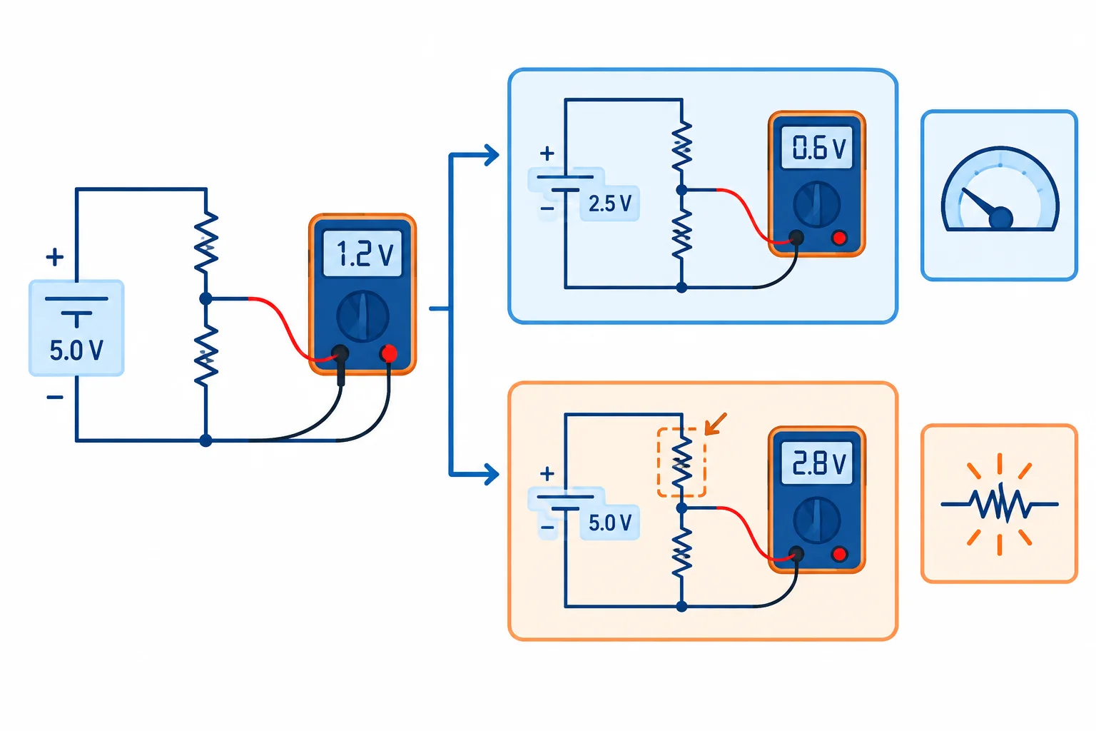 Diagrama de um divisor resistivo com saída baixa, duas hipóteses possíveis e uma medição de entrada que produz resultados diferentes.