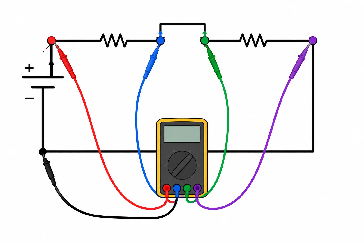 Esquema de um divisor com quatro pontos de medição, todos comparados ao mesmo nó de referência.