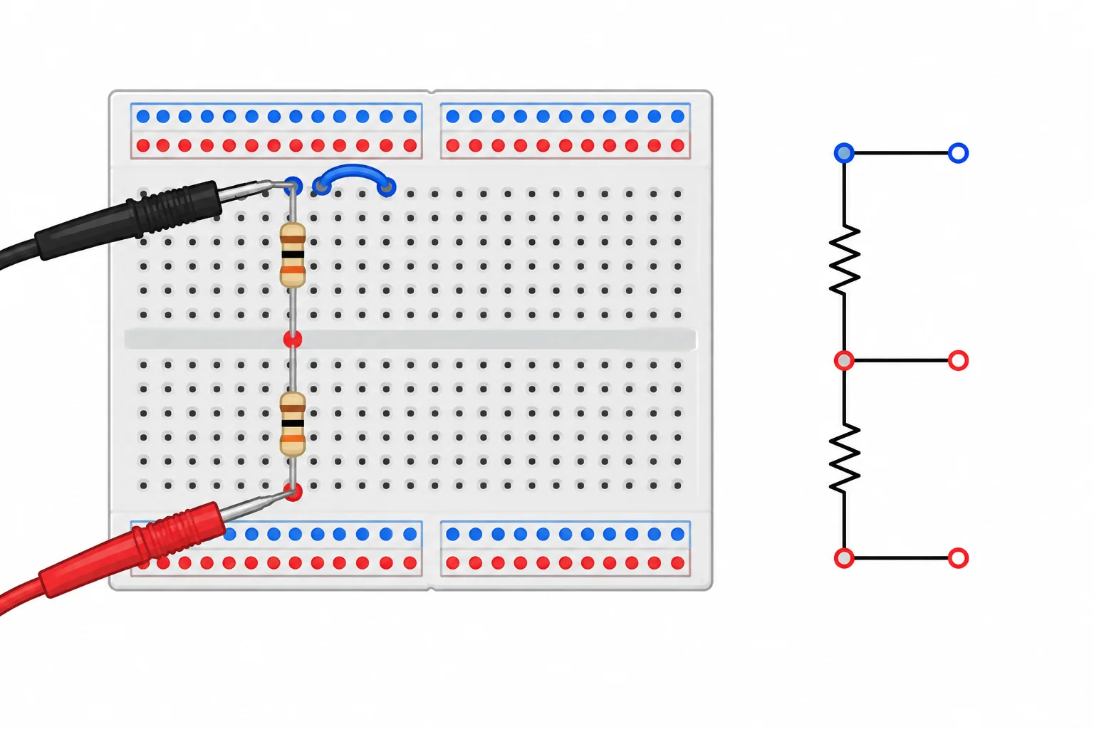 Diagrama de protoboard com jumper deslocado, barramento lateral interrompido e pontas de multímetro em contatos de um mesmo nó.