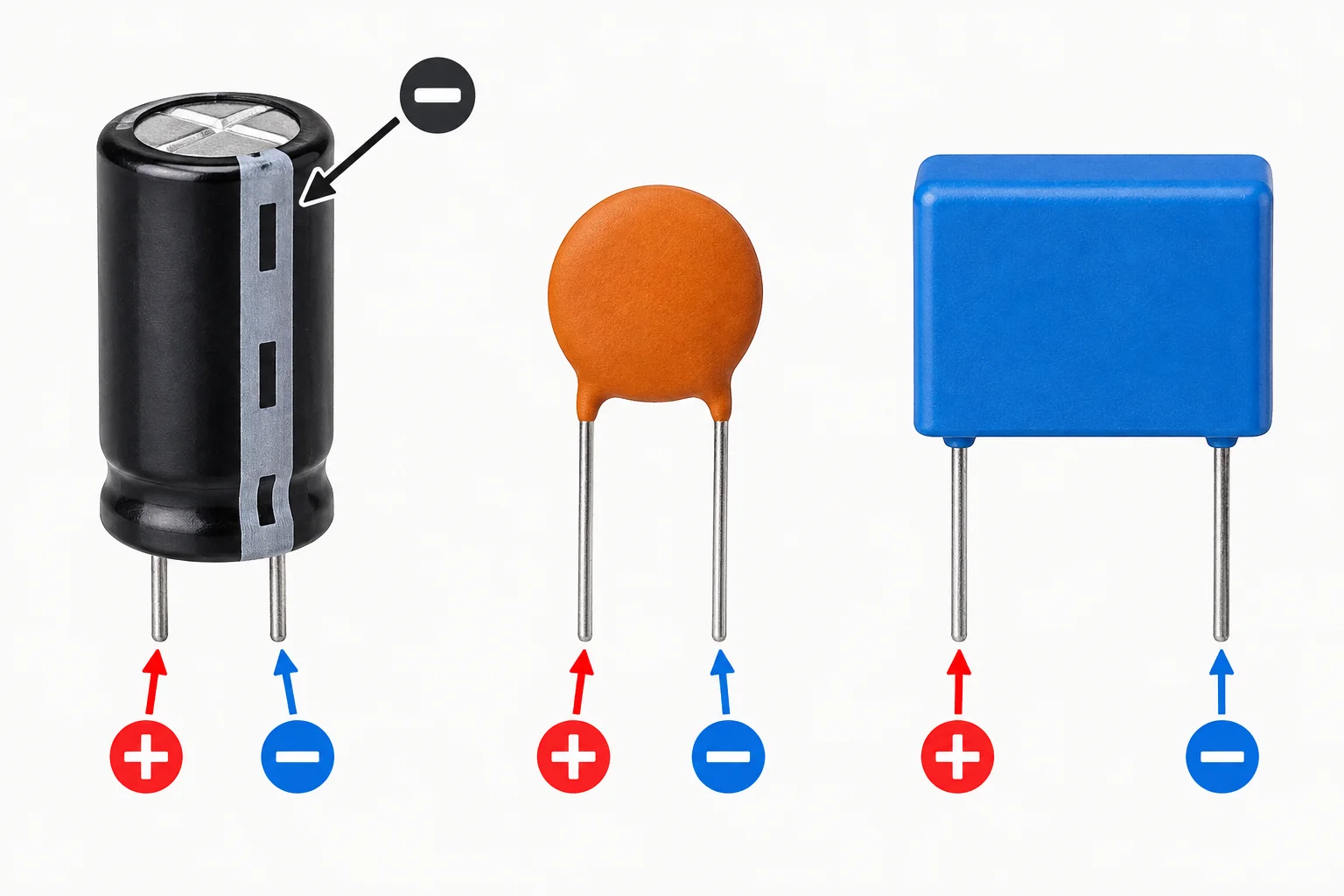 Comparação entre um eletrolítico com faixa negativa, um capacitor cerâmico e um capacitor de filme sem marcação de polaridade.