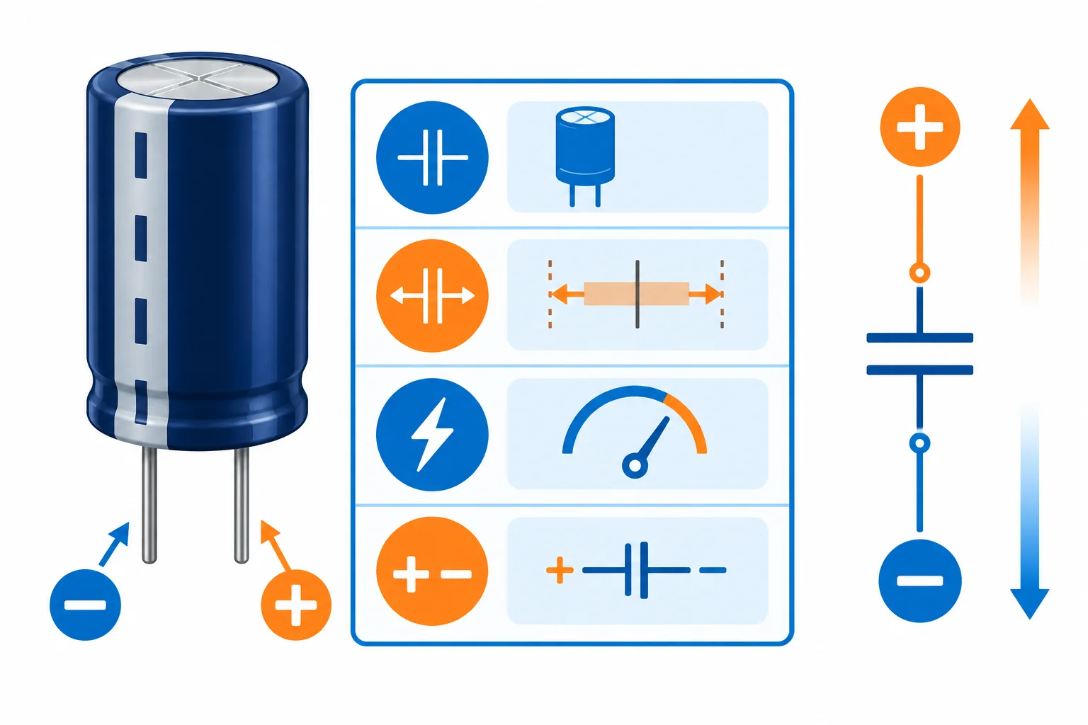 Ilustração de um capacitor eletrolítico polarizado, sua faixa negativa e símbolos visuais para capacitância, tolerância, limite de tensão e orientação positiva e negativa.