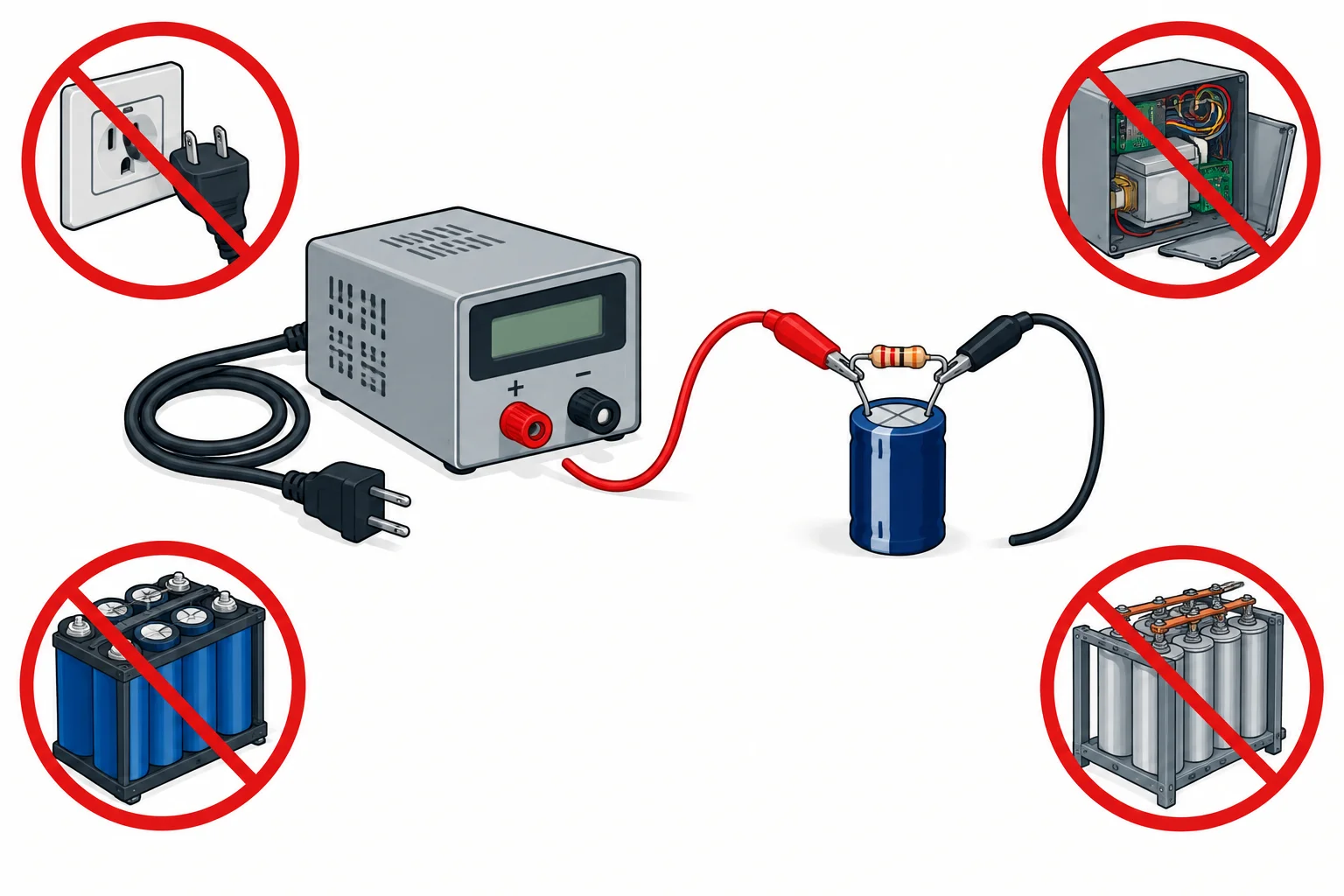 Diagrama de uma fonte isolada fisicamente desconectada, um pequeno capacitor e um resistor ligado entre seus terminais; aplicações de alta energia aparecem riscadas.