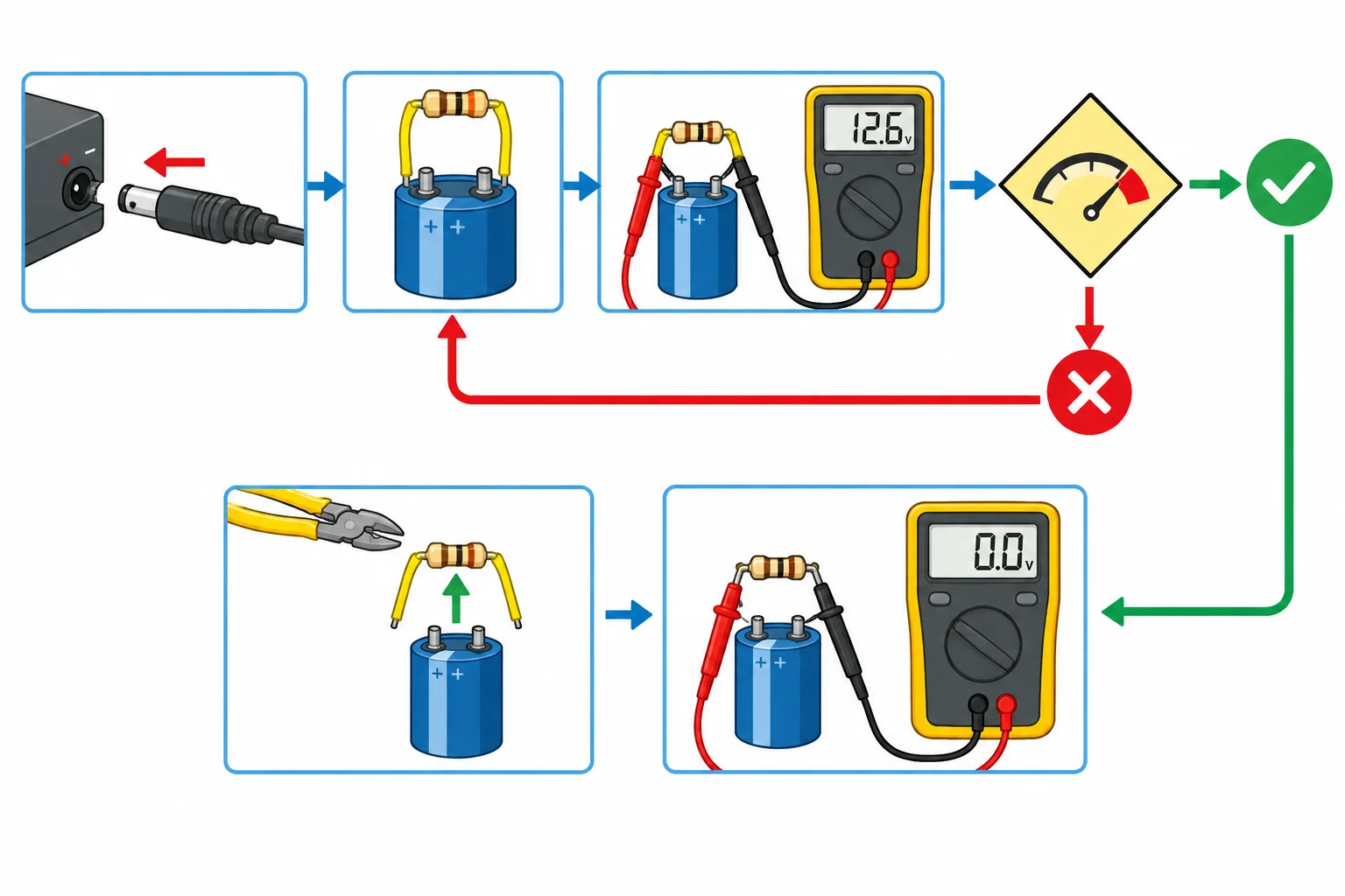 Diagrama mostrando alimentação desconectada, resistor aplicado, medição de tensão, repetição da medição se a tensão ainda for alta e rechecagem após retirar o resistor.