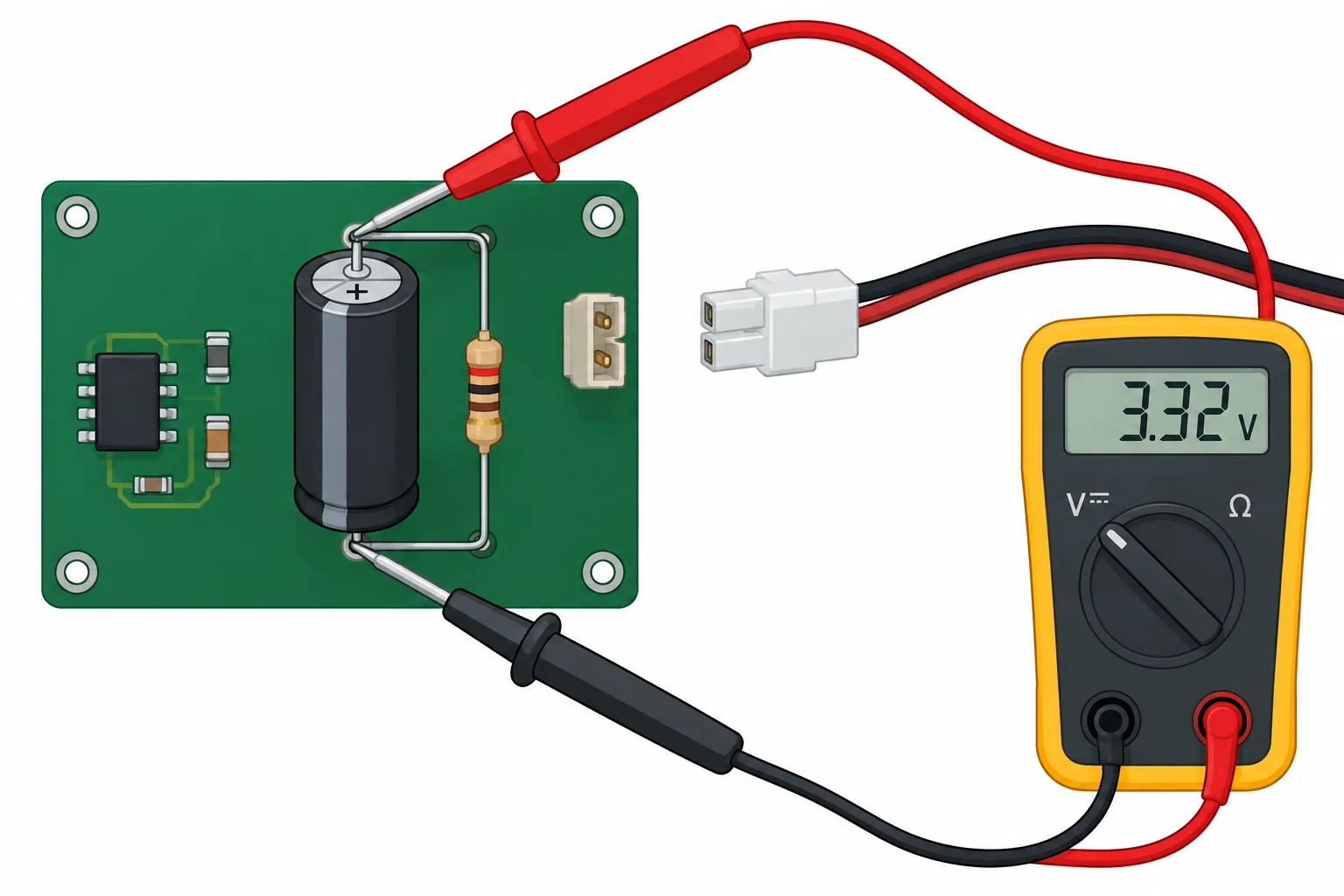 Diagrama de capacitor eletrolítico entre +5 V e 0 V, com o cabo de alimentação removido do conector, resistor entre os terminais e multímetro medindo a tensão do capacitor.